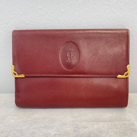 Cartier Vintage Must Line Bordeaux Tri-Fold Wallet w/ Kisslock Pouch - Preowned - Picture 1 of 15